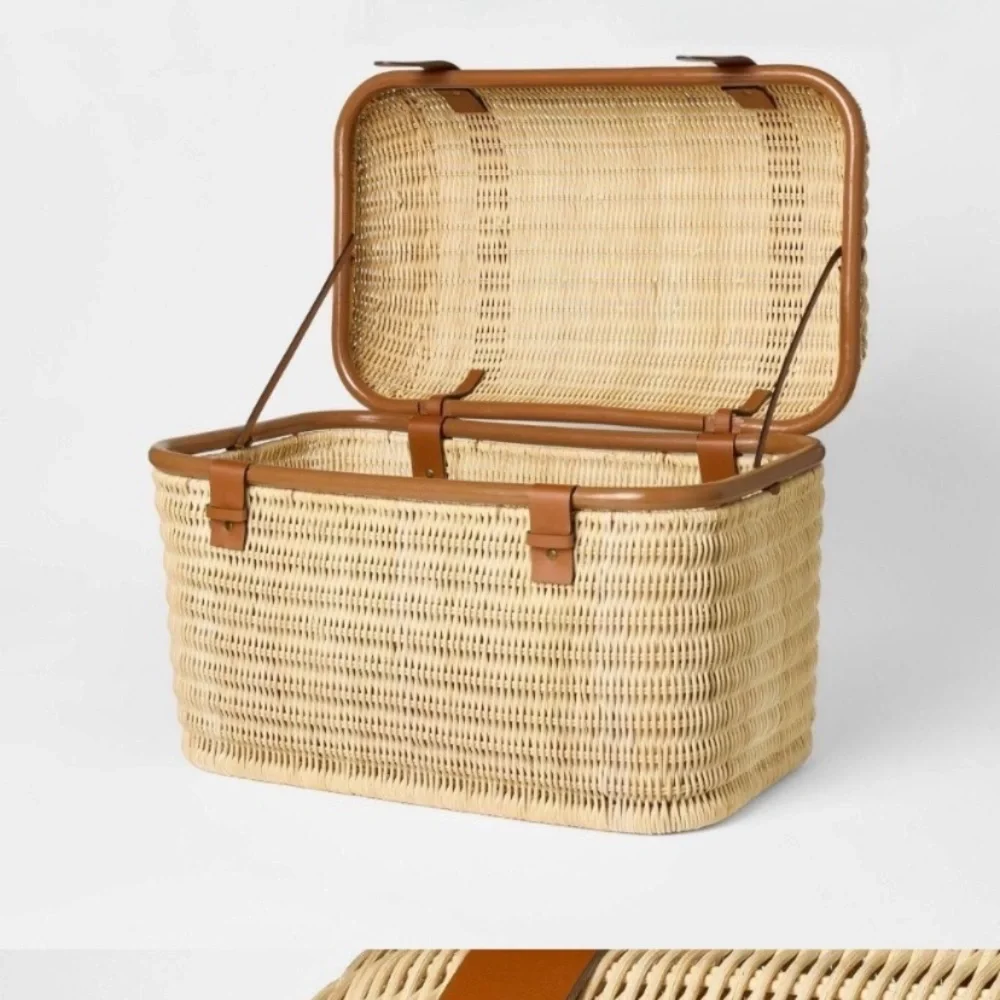 Studio McGee Woven Rattan Storage Trunk with Tan Leather Straps